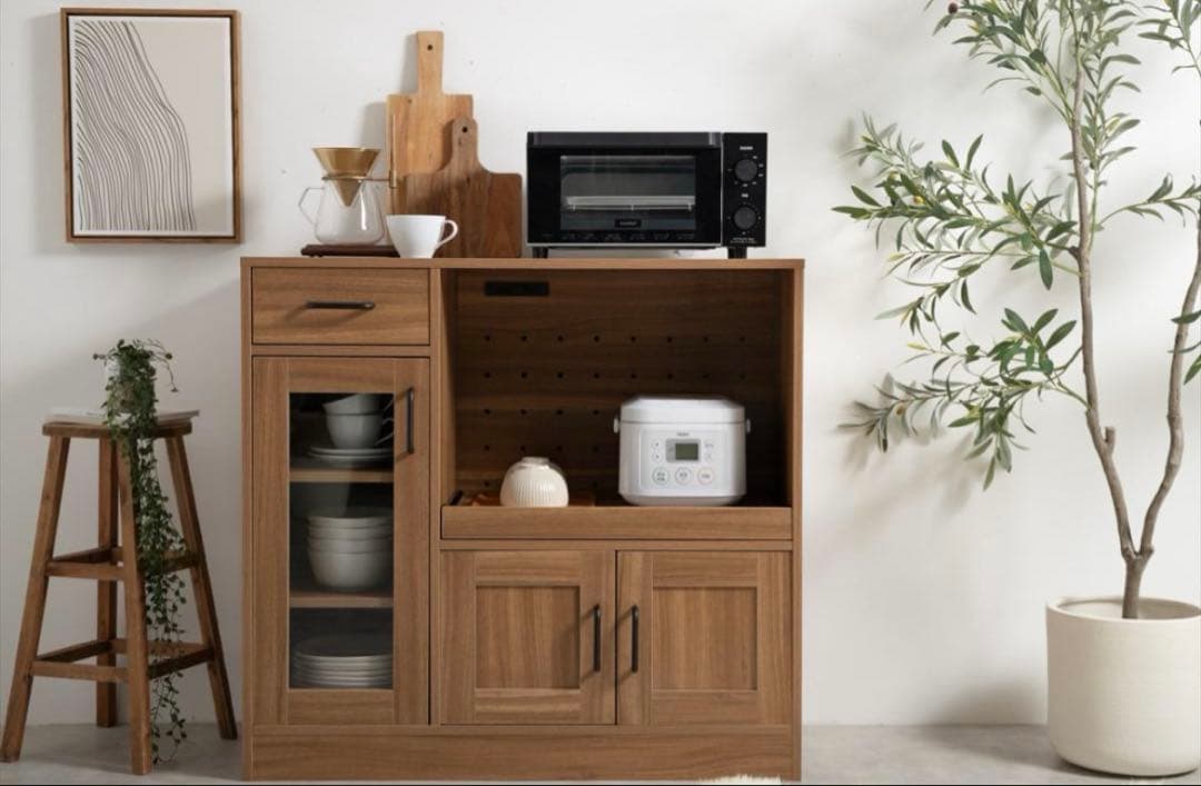 ガラス扉付き レンジボード ライトウッド