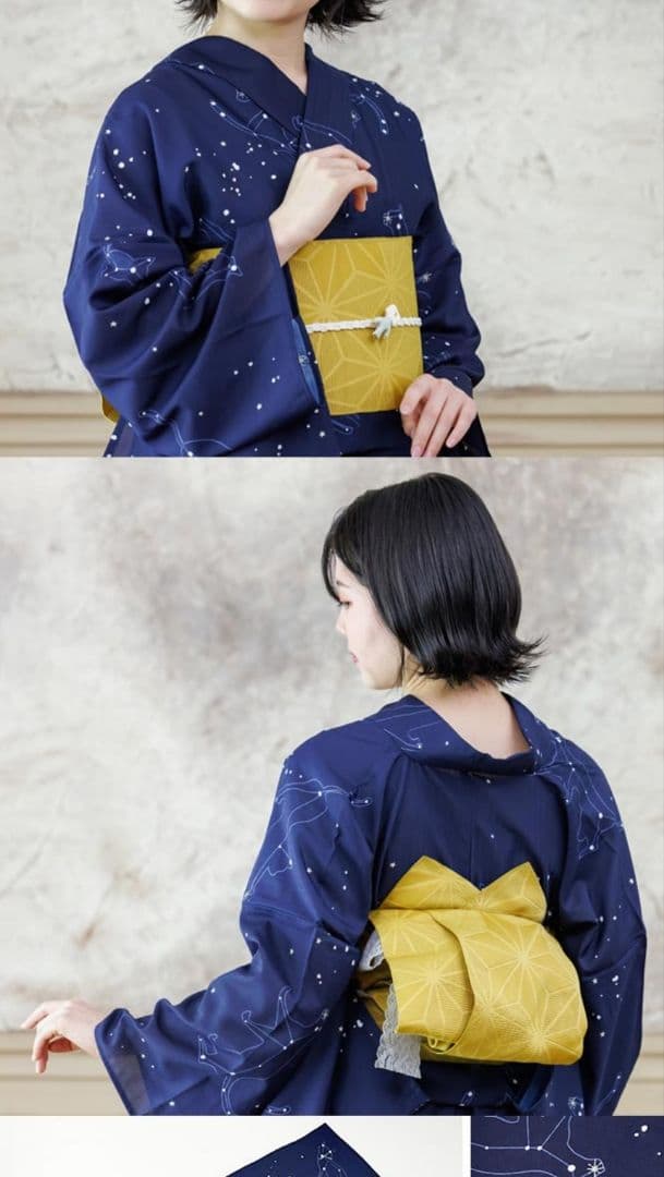 速乾浴衣星座ねこ紺色猫柄洗える着物星柄夏着物水玉模様紺地ネコ柄ネイビー白ドット柄