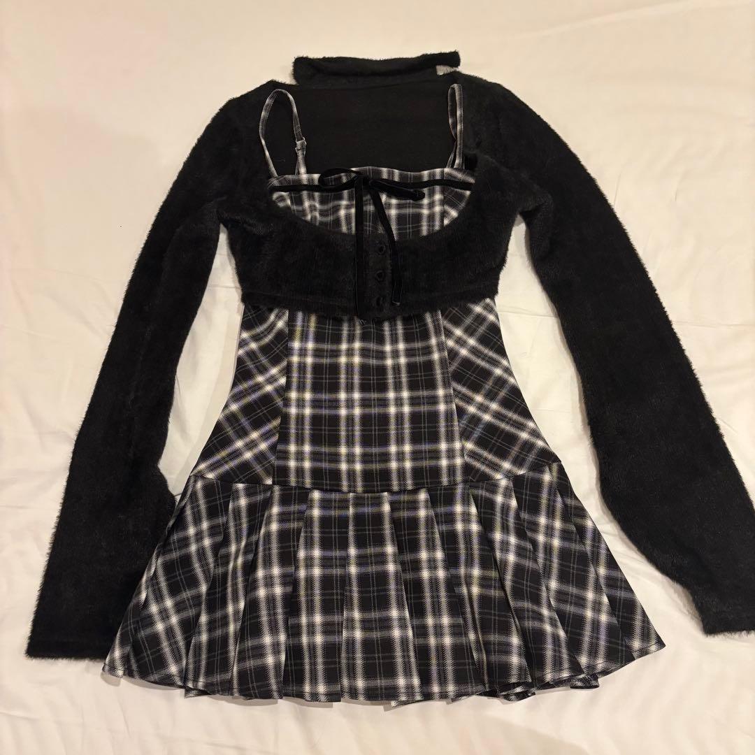 みなBunnyLis ファーボレロ×チェックミニワンピ ブラック Sサイズ