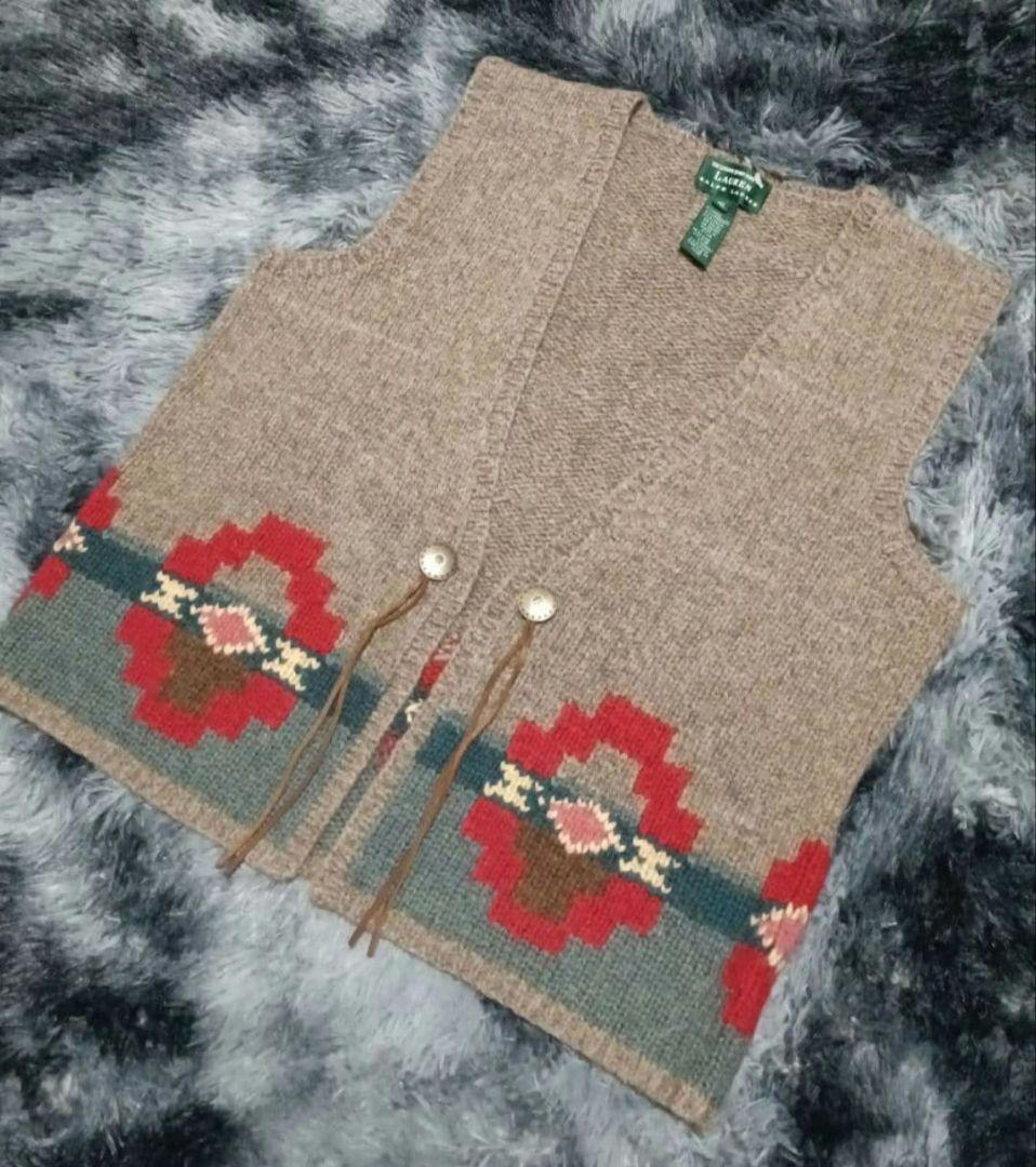 ラルフローレン　90s〜ネイティブ柄ベスト手編み　ウールニット　XL