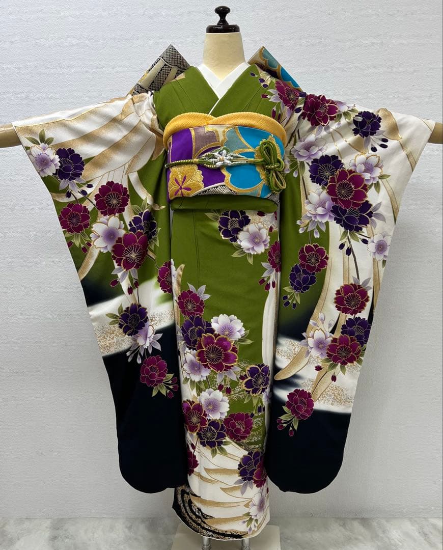 振り袖　フルセット　別誂長襦袢　成人式　白　緑　金彩加工　刺繍入り　722