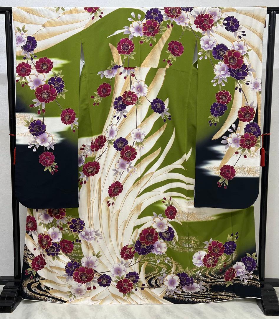 振り袖　フルセット　別誂長襦袢　成人式　白　緑　金彩加工　刺繍入り　722