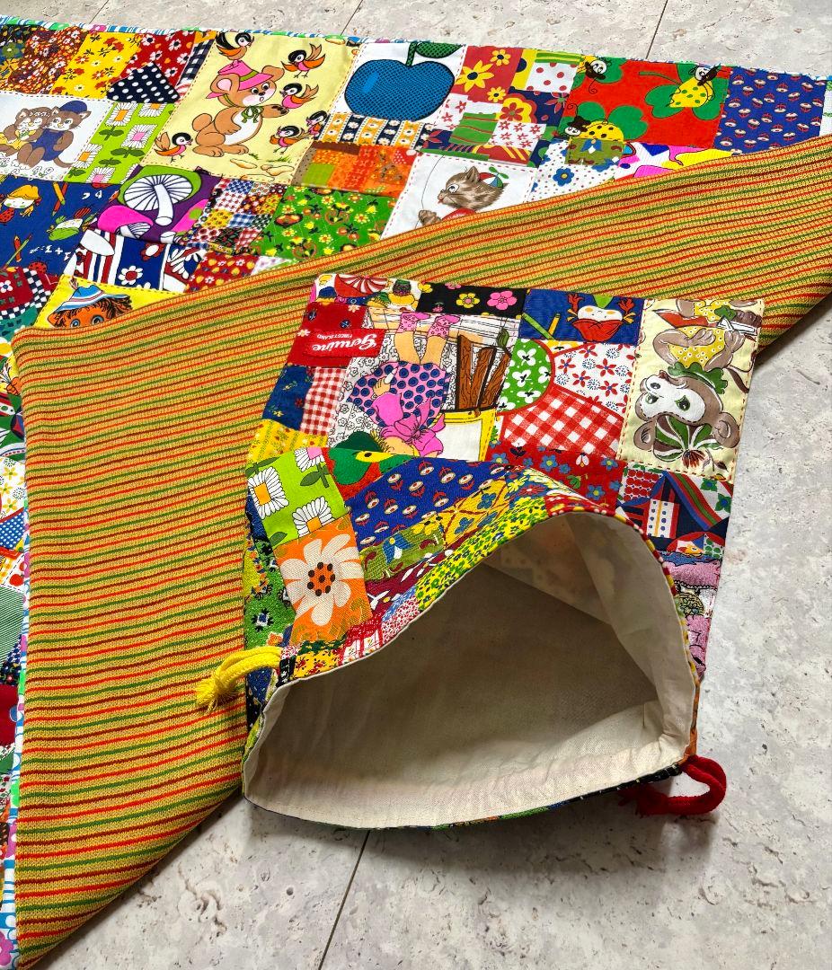 ハンドメイド❇大きめビンテージ❇レトロアニマルパッチワークマットと巾着セット