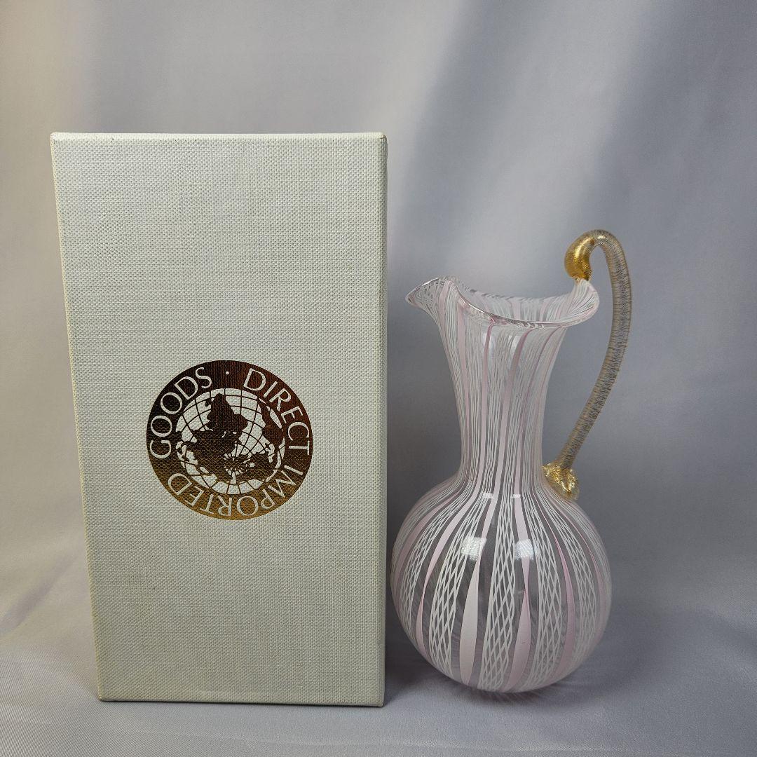 MURANO ITALY金彩 ピンクレースライン ピッチャー 花瓶