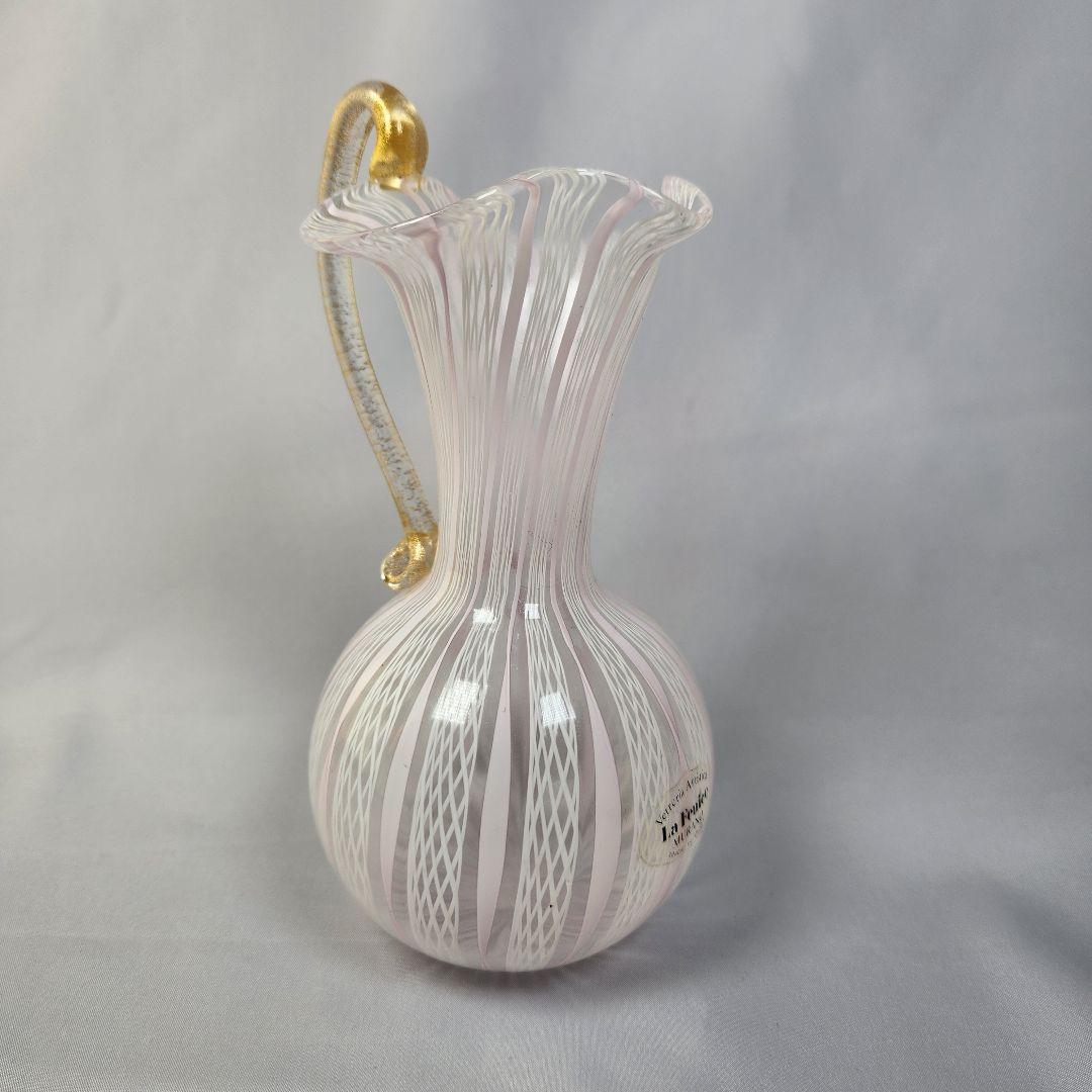 MURANO ITALY金彩 ピンクレースライン ピッチャー 花瓶