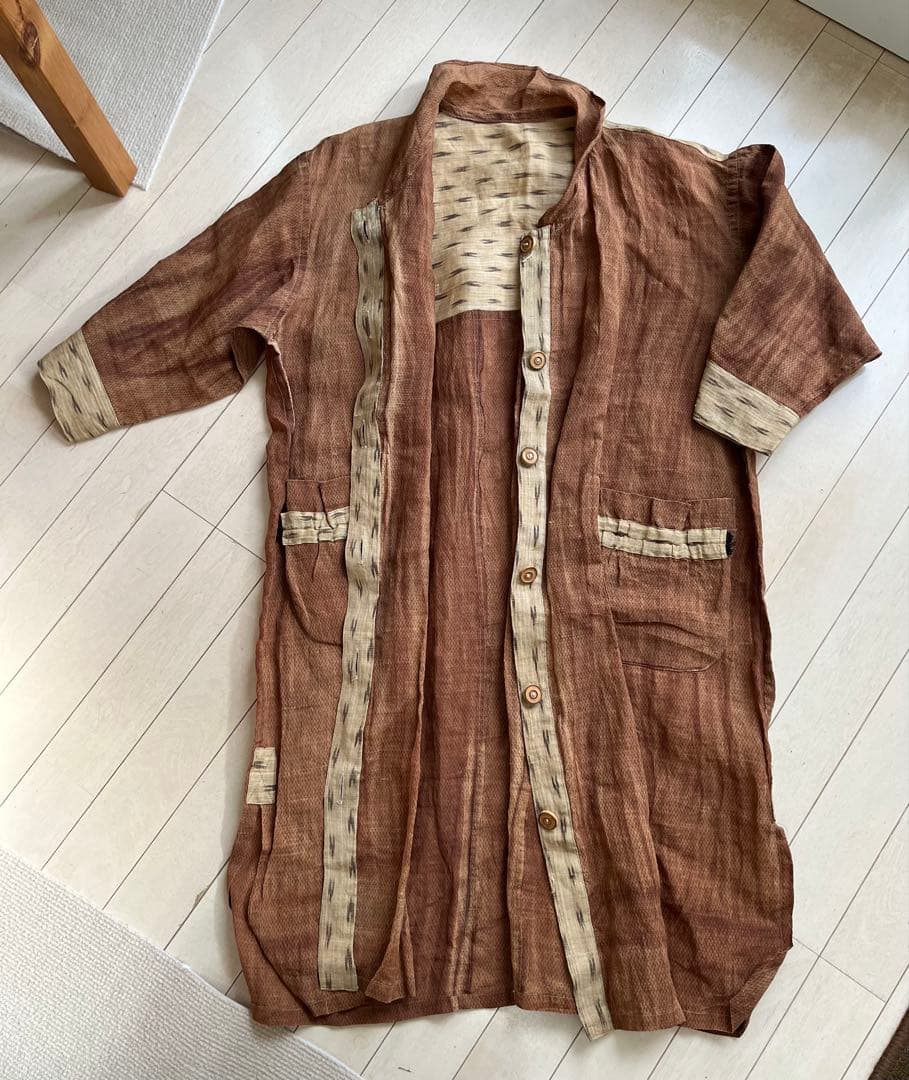 iin◆麻の柿渋染め&絣 薄手羽コート◆