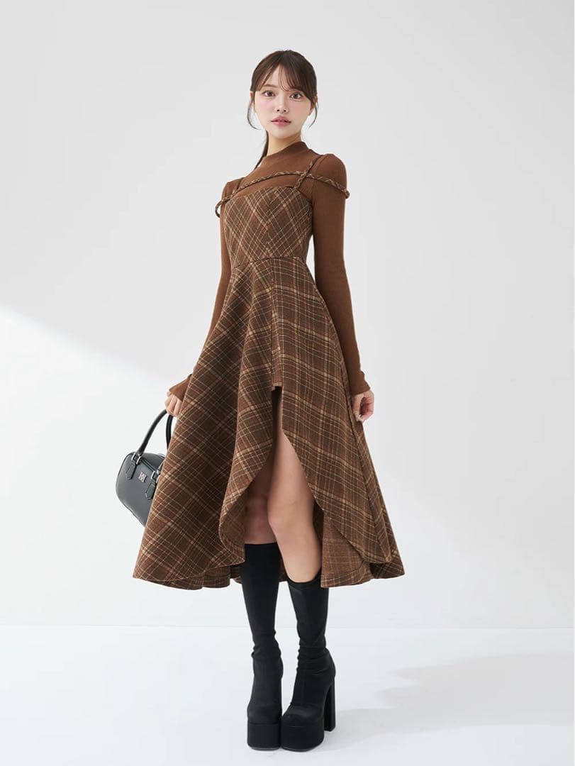 Darich レイヤードチェックイレヘムミディワンピース ブラウン