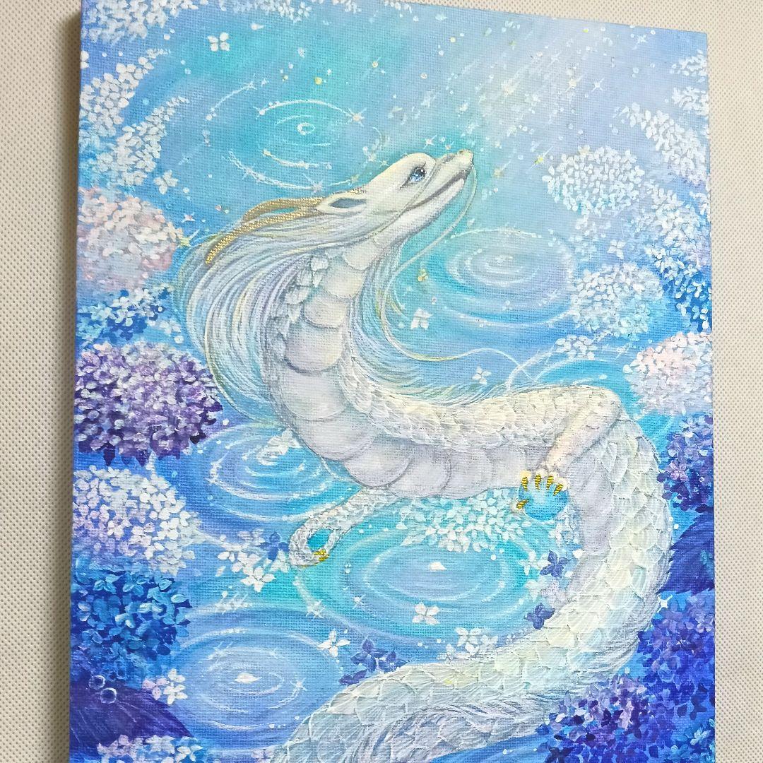 No.509 F3キャンバス 原画 龍神絵画 白龍 紫陽花 開運絵画　立体アート
