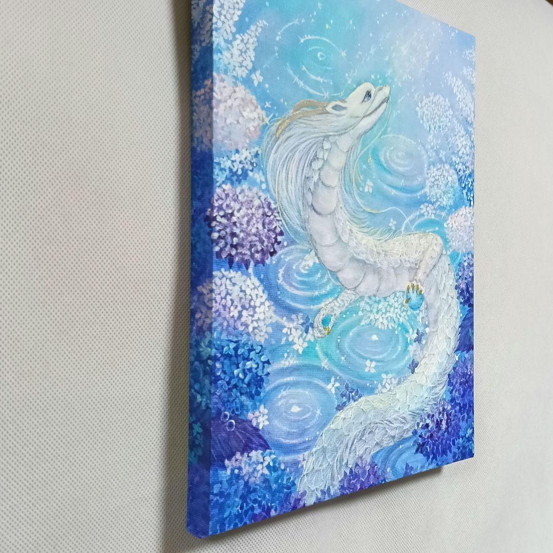No.509 F3キャンバス 原画 龍神絵画 白龍 紫陽花 開運絵画　立体アート