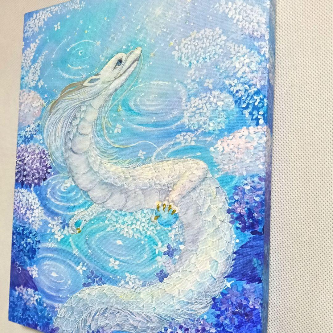 No.509 F3キャンバス 原画 龍神絵画 白龍 紫陽花 開運絵画　立体アート