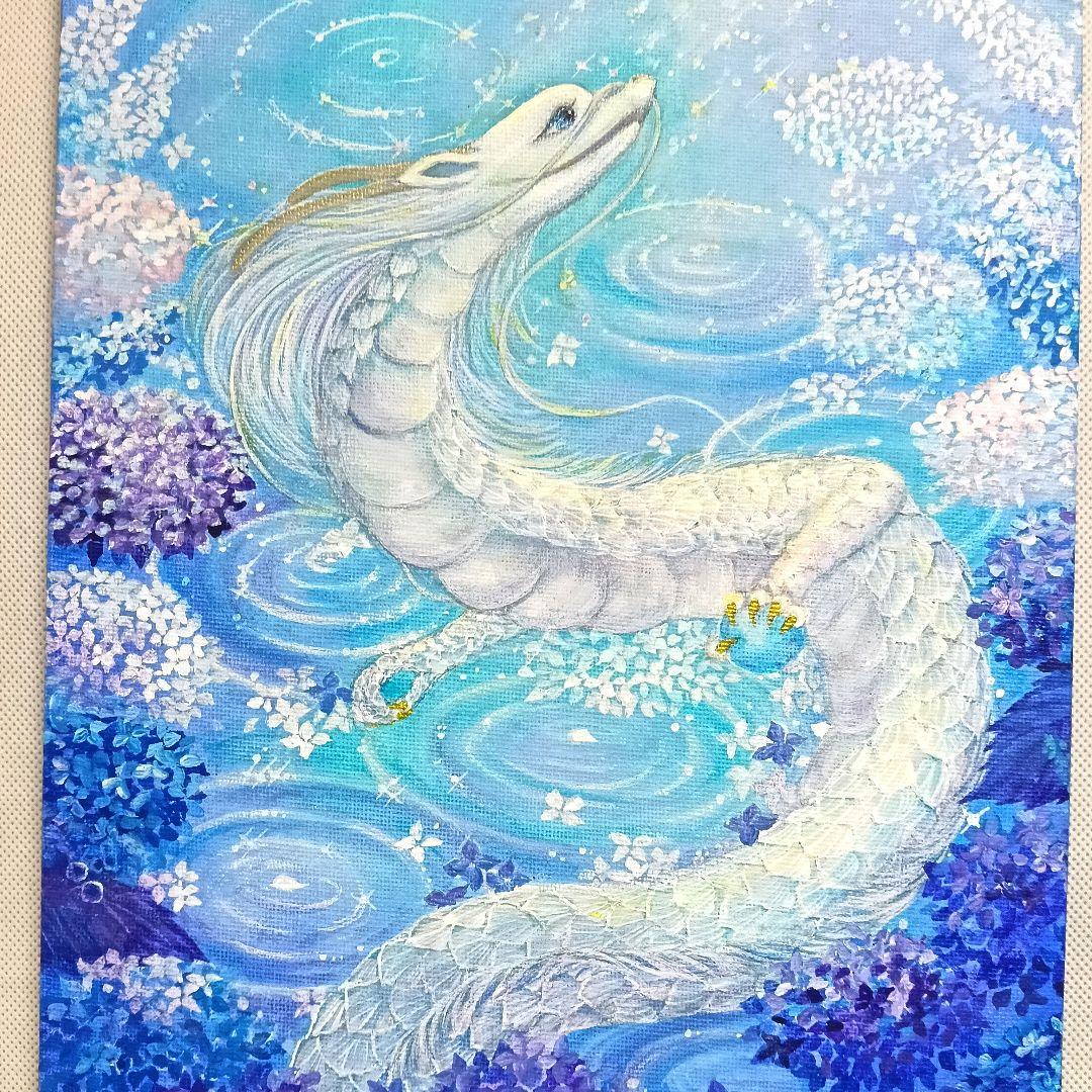 No.509 F3キャンバス 原画 龍神絵画 白龍 紫陽花 開運絵画　立体アート