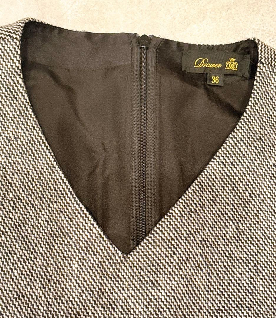 ドゥロワー Drawer ウール混Vネックワンピース ロングワンピース ツイード