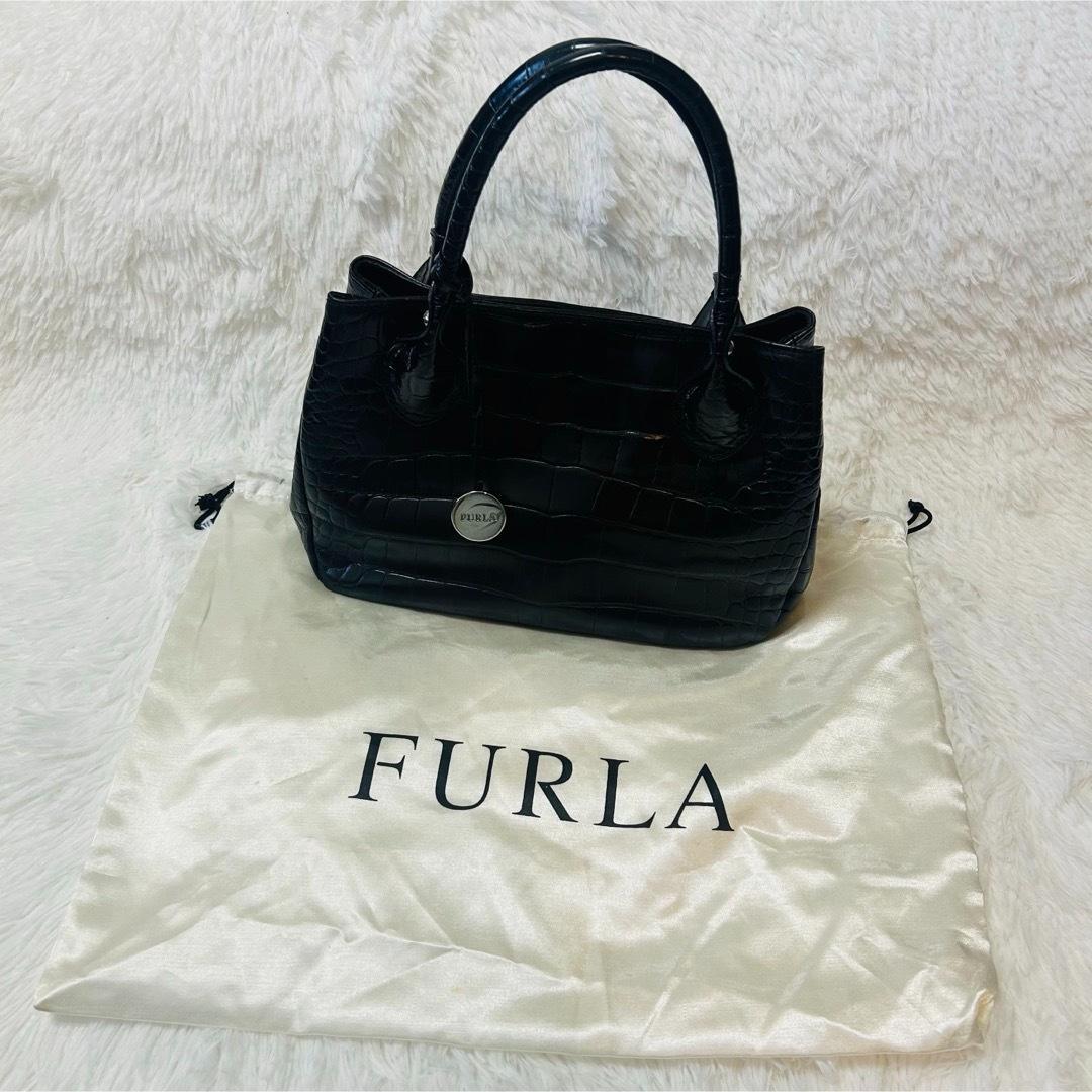 FULRA フルラ 本革 レザーハンドバッグ クロコ型押し ブラック