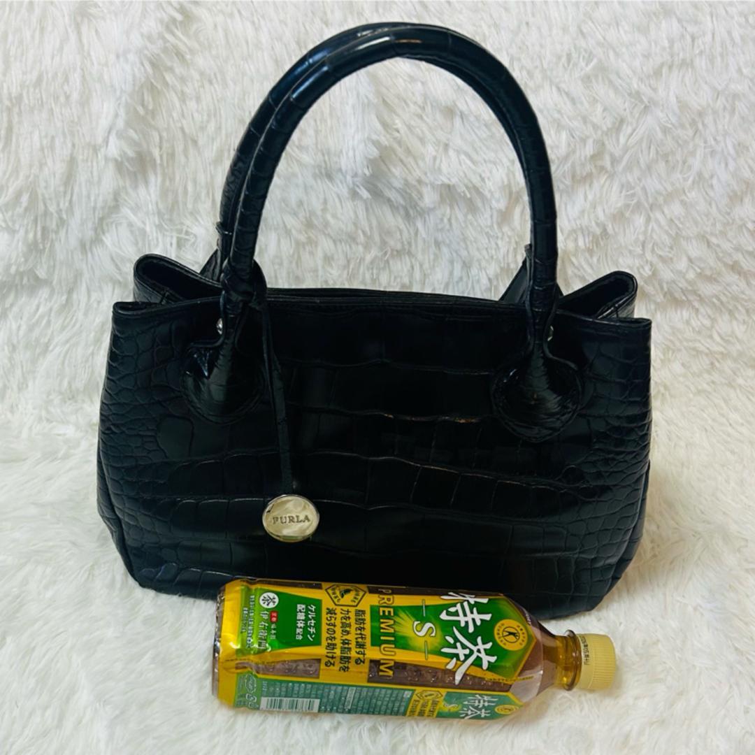FULRA フルラ 本革 レザーハンドバッグ クロコ型押し ブラック