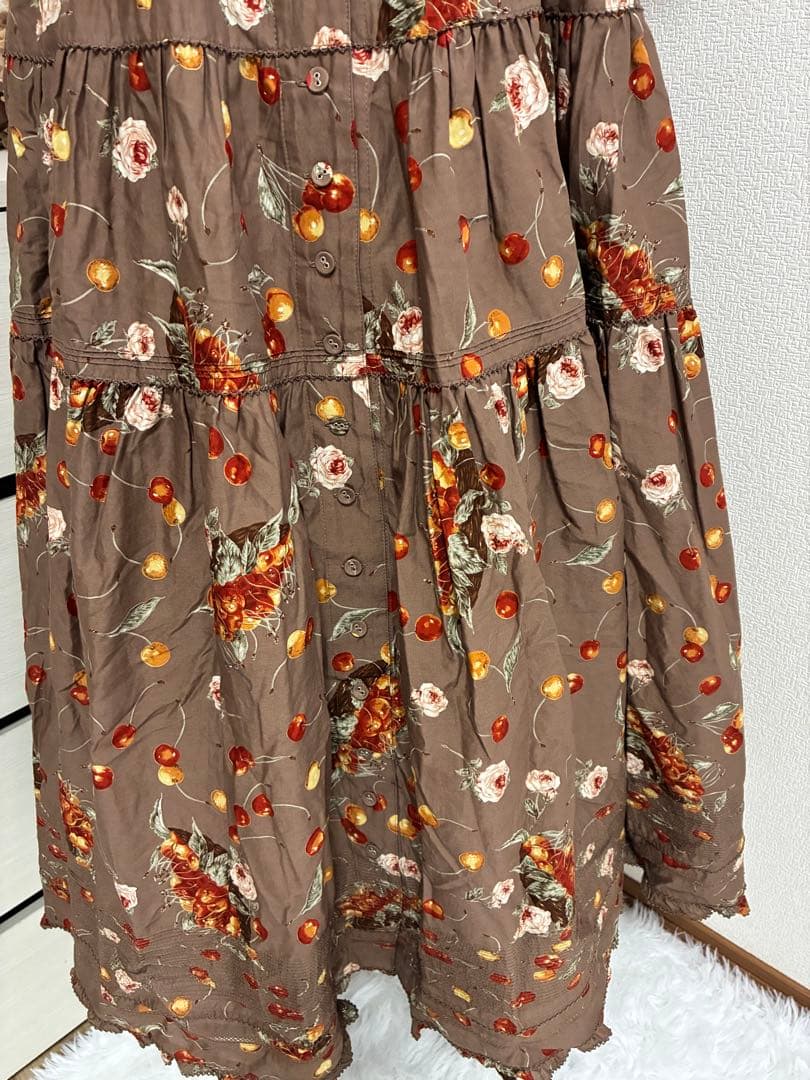 極美品✨PINKHOUSEチェリーカゴ柄ロングワンピース 半袖 ブラウン系