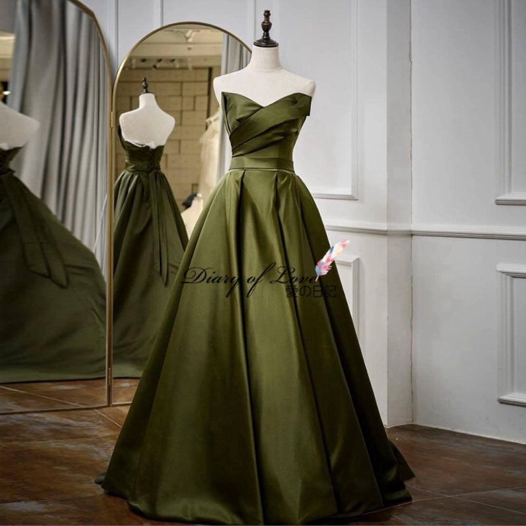 オリーブグリーン ストラップレス ウェディングドレス パーティードレス