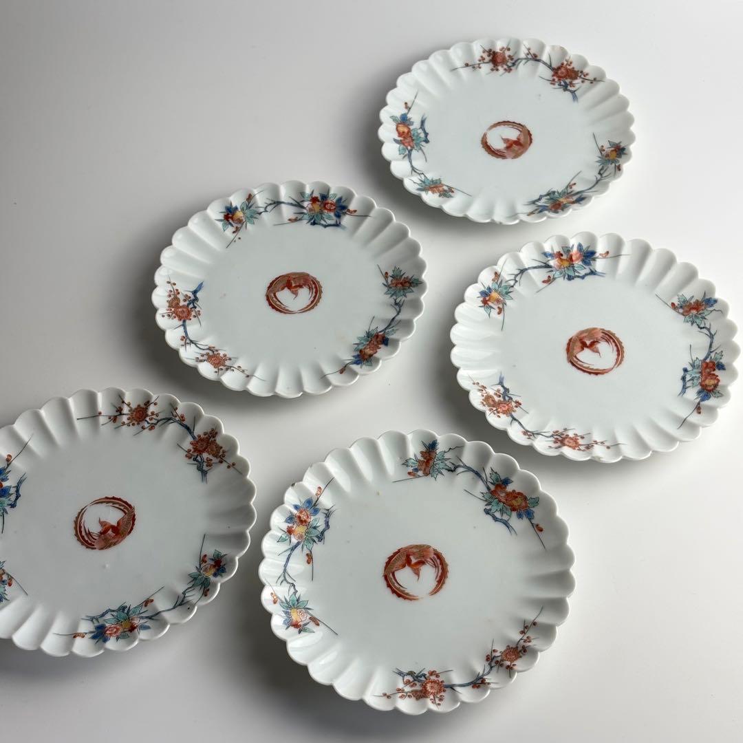 柿右衛門 写し 色絵 柘榴鳳凰図菊型皿 五客 丸皿 骨董 皿