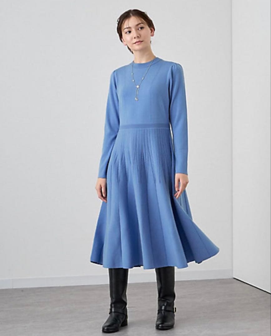 美品　アナイ アイレットスムース ワンピース ニット ブルー 36