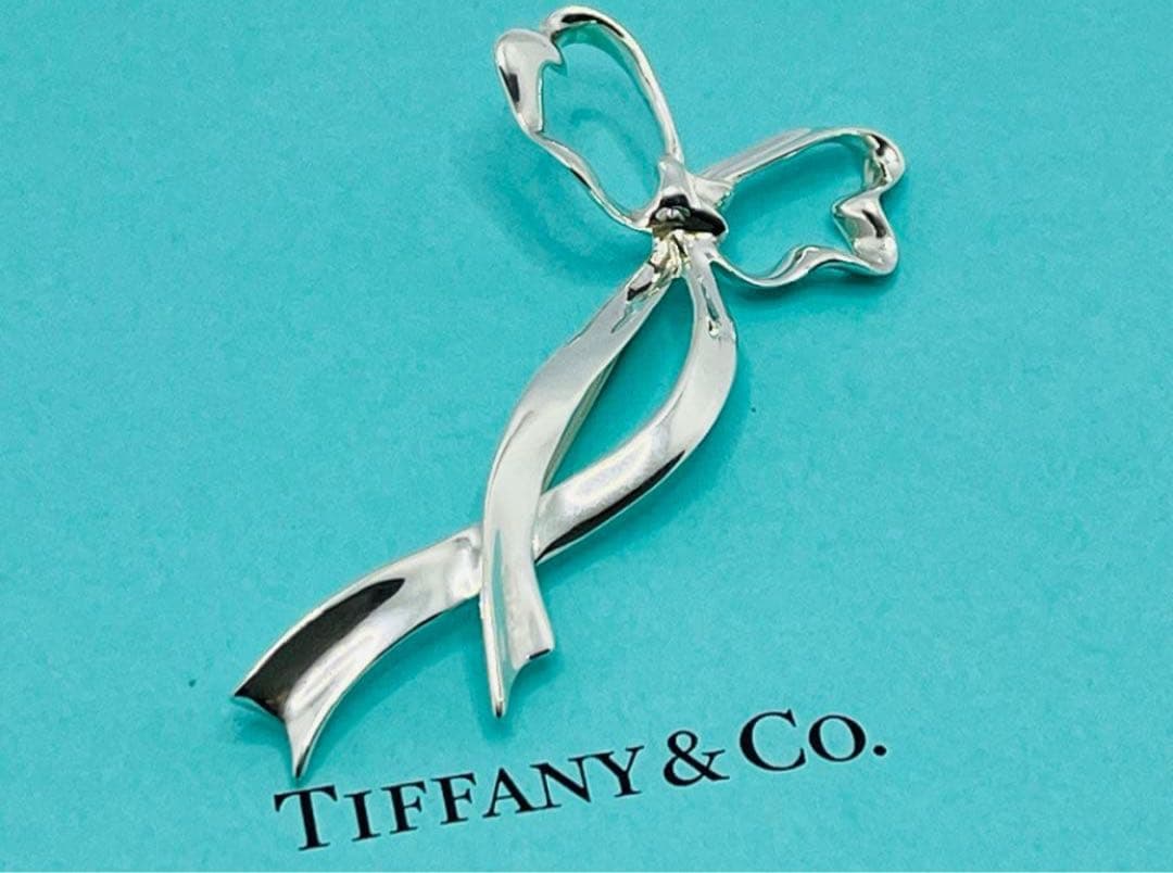 h405 美品　オールドティファニー　リボンボウ　ラージサイズ　ブローチ　925