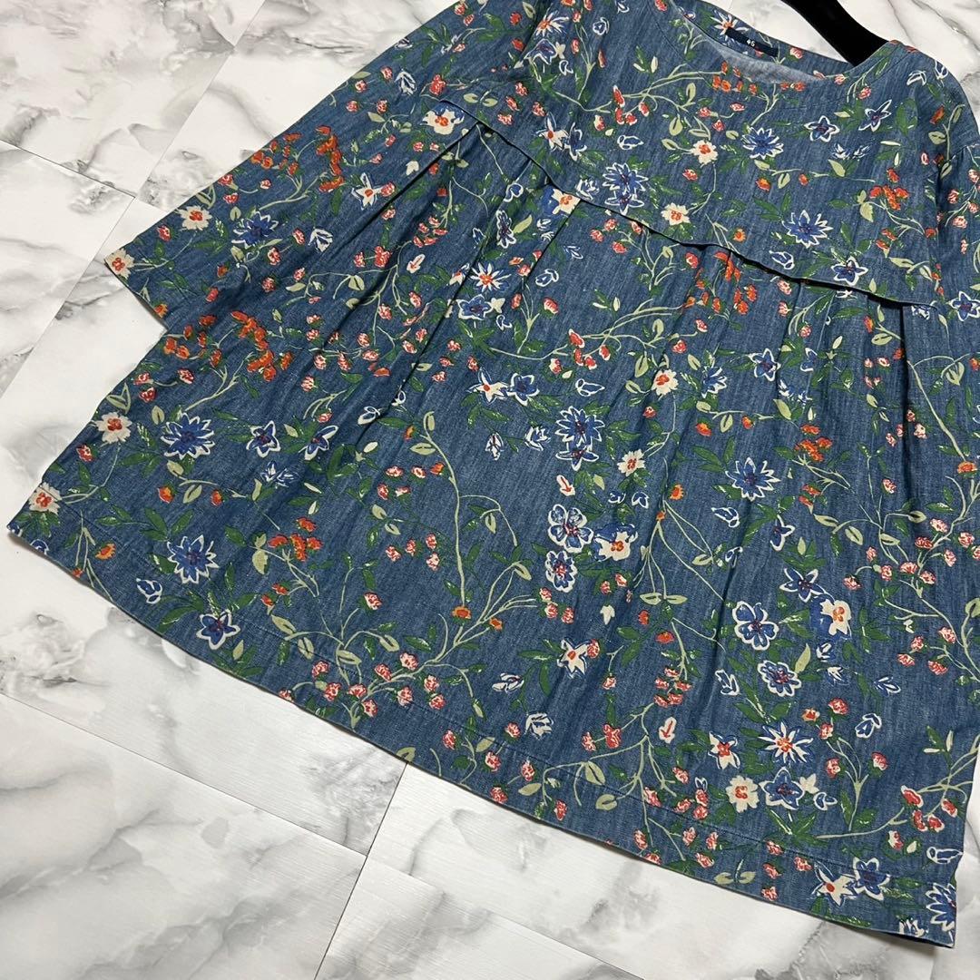 【美品】45R フォーティーファイブアール 花柄 デニム チュニック インディゴ