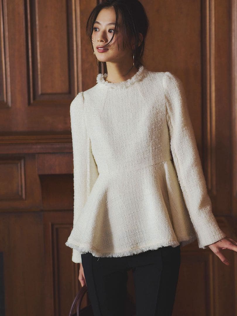 タグ付新品 anuans ツイードペプラムブラウス 1 ホワイト