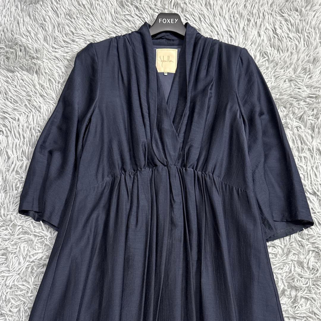 極美品✨シビラ シルク混 2022年 ネックギャザーワンピース ネイビー M