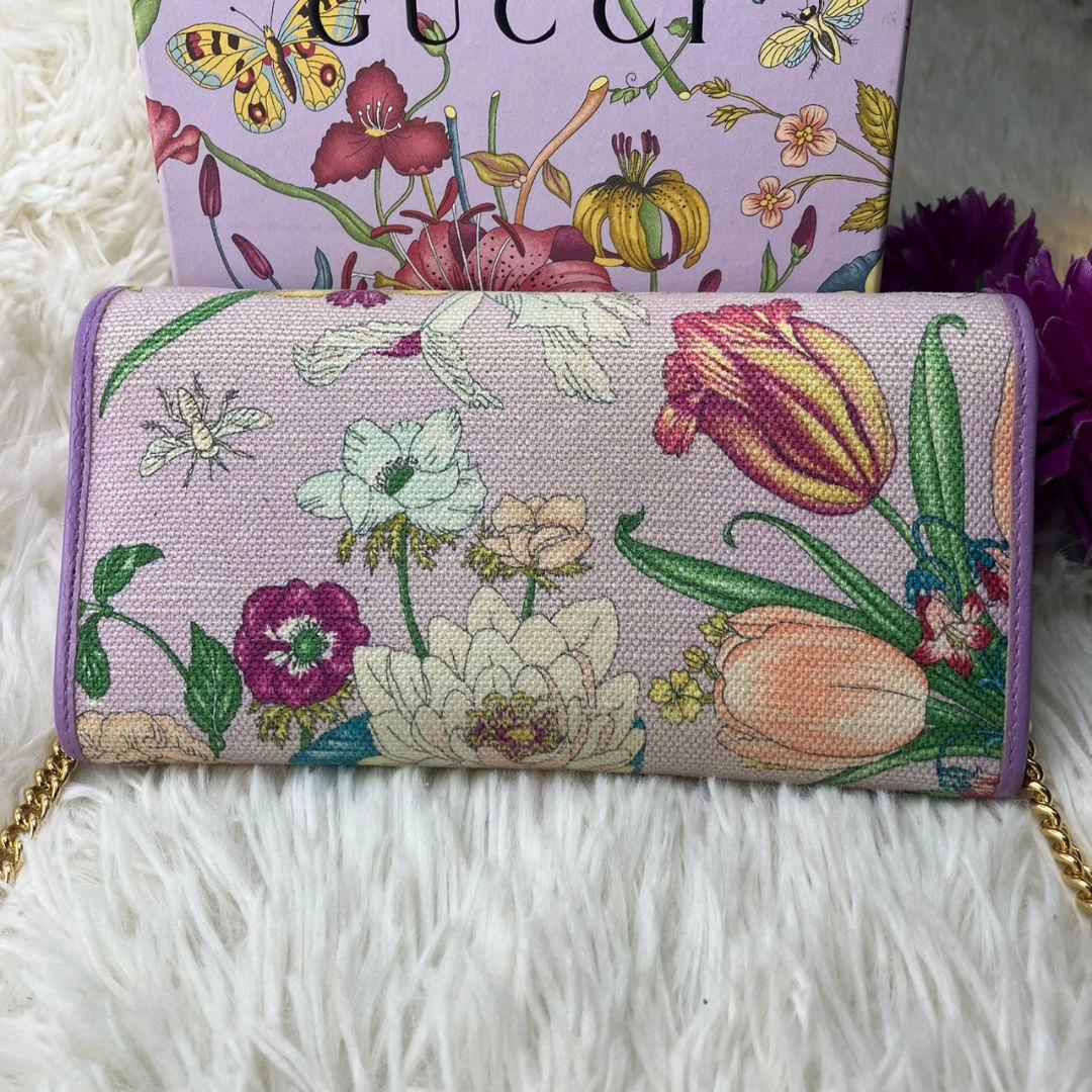 激レア美品✨グッチ◇限定品フローラショルダーチェーン長財布　パープルゴールド金具