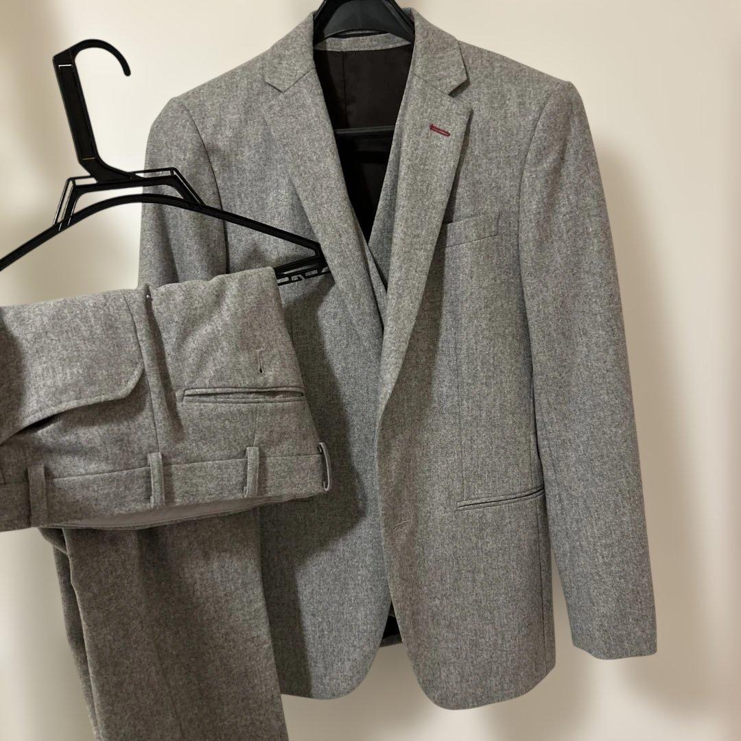 美品細身グレー イタリア製生地フルオーダースーツ ジャケット パンツ ベスト