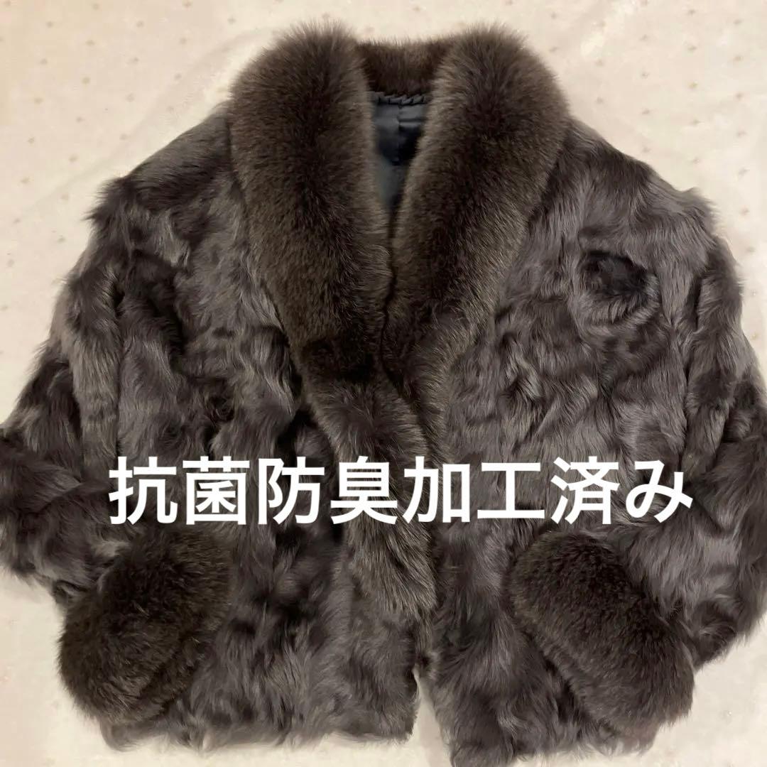 美品　カーリーラム フォックスファーコート ラベンダー系カラー　短丈　防臭抗菌