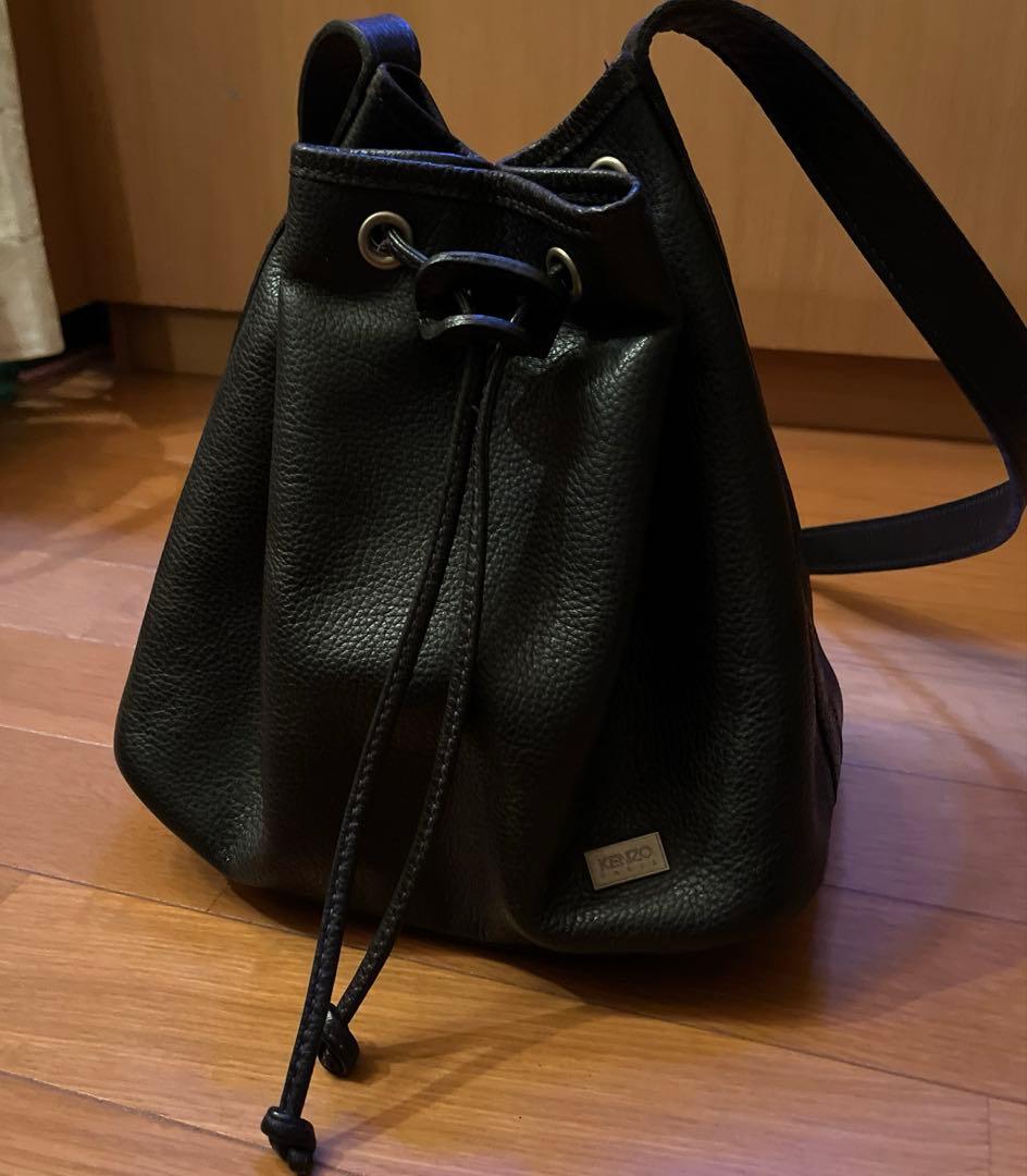 KENZO 黒 レザー ショルダーバッグ 巾着 紫ステッチ