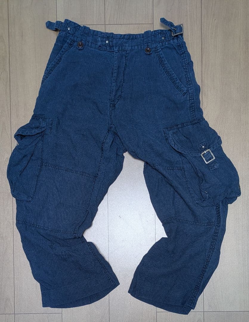 リネン タッサーシルク インディゴ カーゴパンツ　ラルフローレン　ヘリンボーン