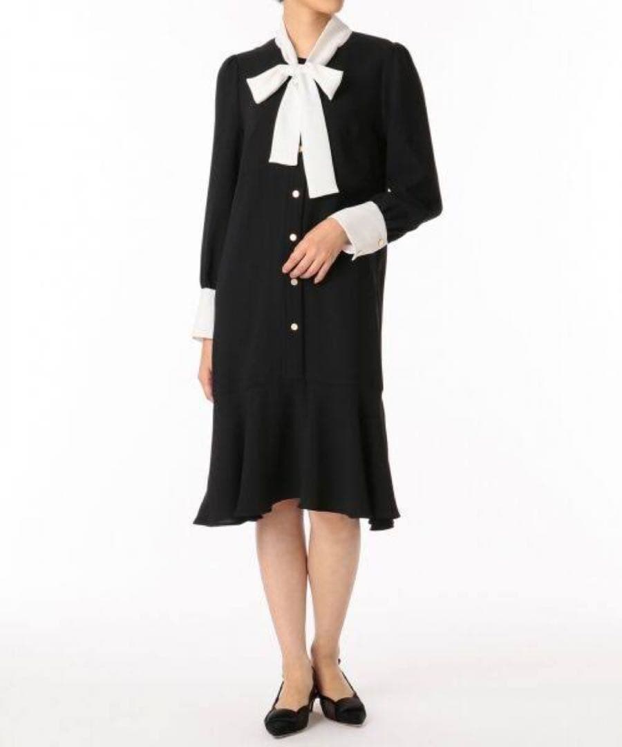 Ynaグレースコンチネンタル バイカラーヘムフレアボウタイワンピース 36