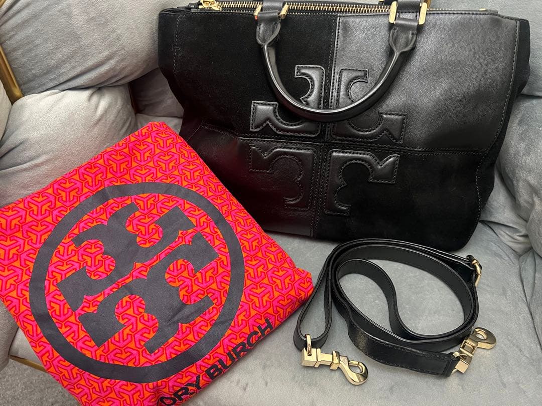 Tory Burchトリーバーチ ブラック レザー スエード ビジネスバッグ