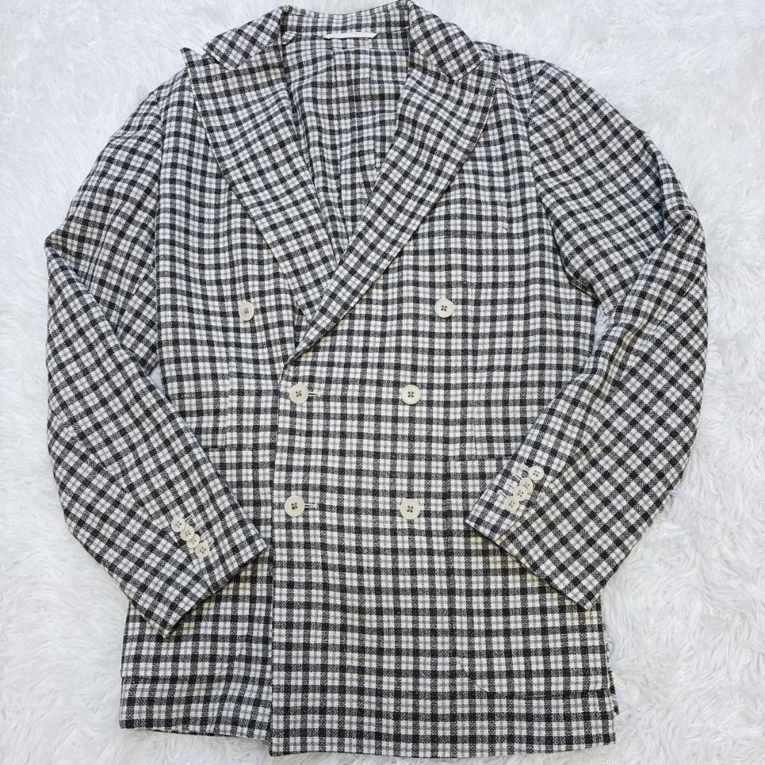 ユニバーサルランゲージ テーラードジャケット ダブル 絹 麻 ウール チェック