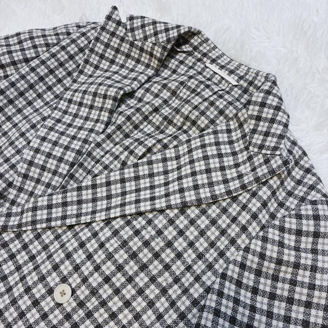 ユニバーサルランゲージ テーラードジャケット ダブル 絹 麻 ウール チェック