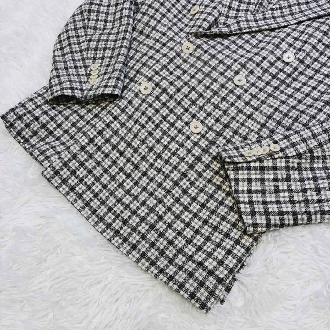 ユニバーサルランゲージ テーラードジャケット ダブル 絹 麻 ウール チェック