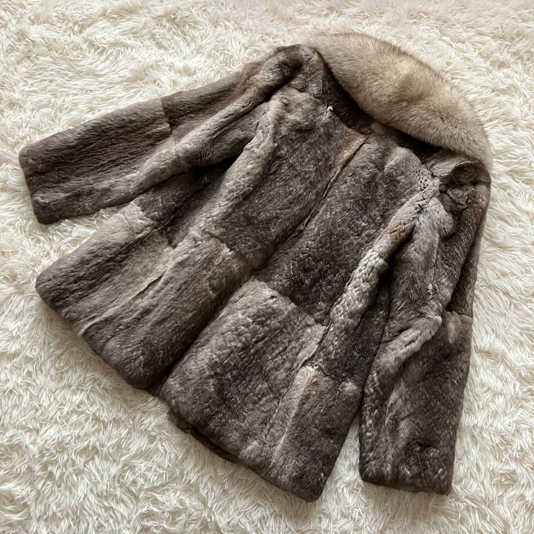 【美品】ミンク　フォックス　毛皮　高級毛皮 リアルファーコート グレージュ