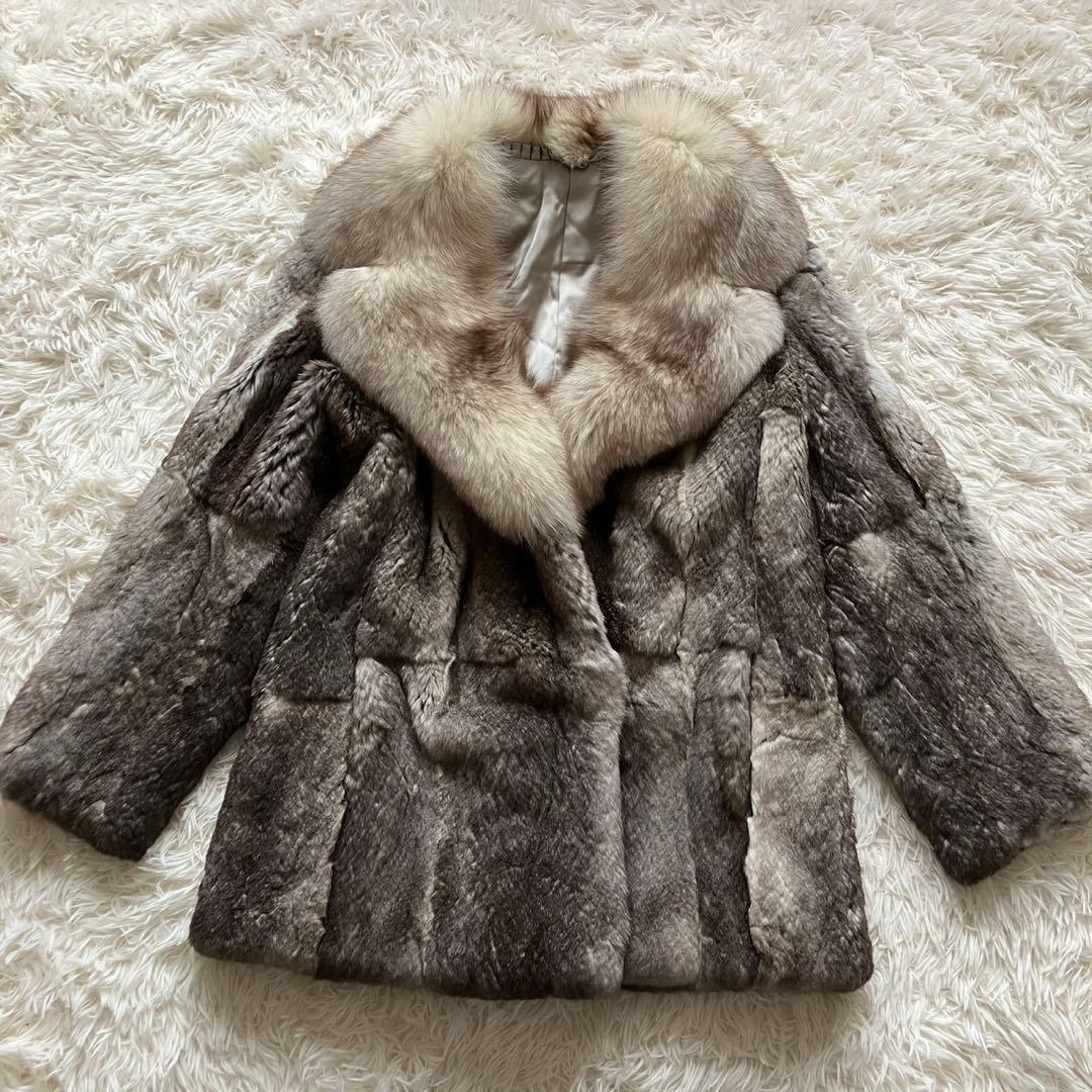 【美品】ミンク　フォックス　毛皮　高級毛皮 リアルファーコート グレージュ