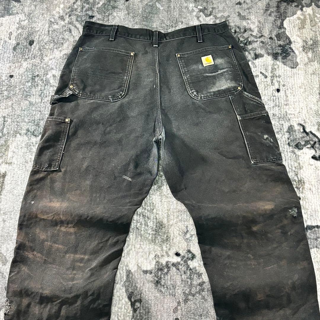 38×34 USA製 カーハート ダブルニー ボロ 墨黒 リペア 雰囲気