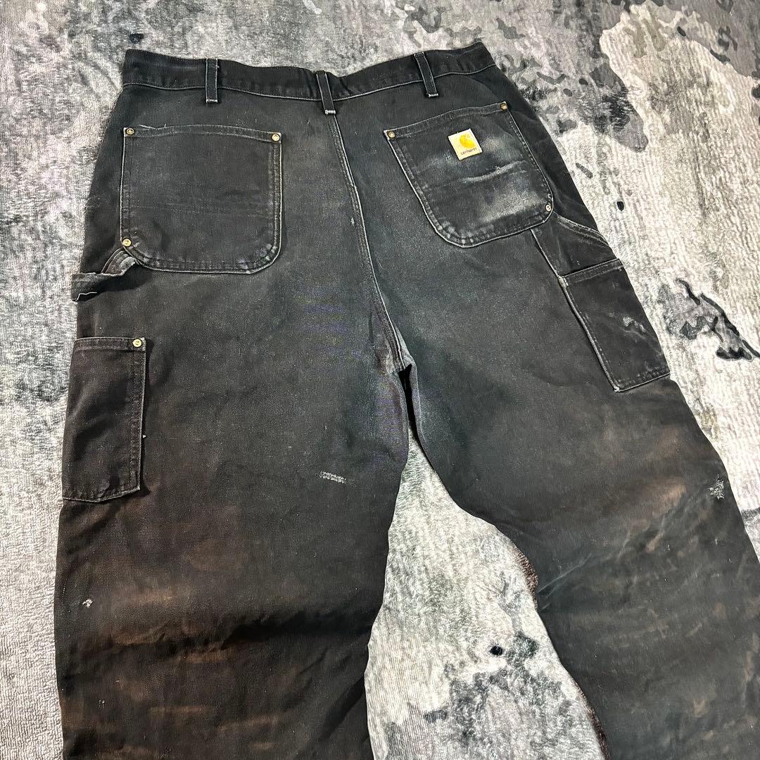 38×34 USA製 カーハート ダブルニー ボロ 墨黒 リペア 雰囲気