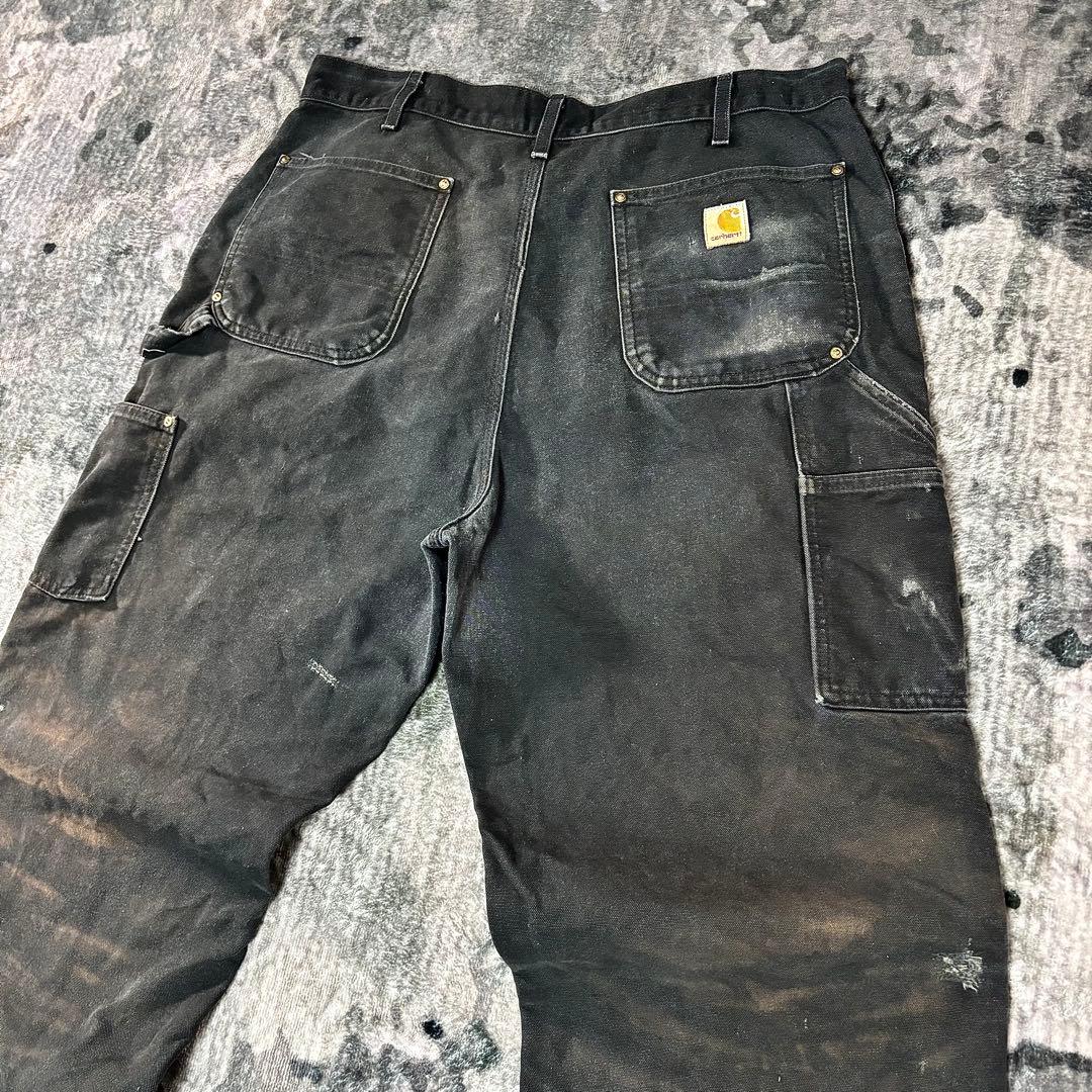38×34 USA製 カーハート ダブルニー ボロ 墨黒 リペア 雰囲気