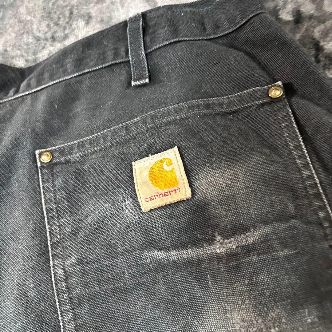 38×34 USA製 カーハート ダブルニー ボロ 墨黒 リペア 雰囲気