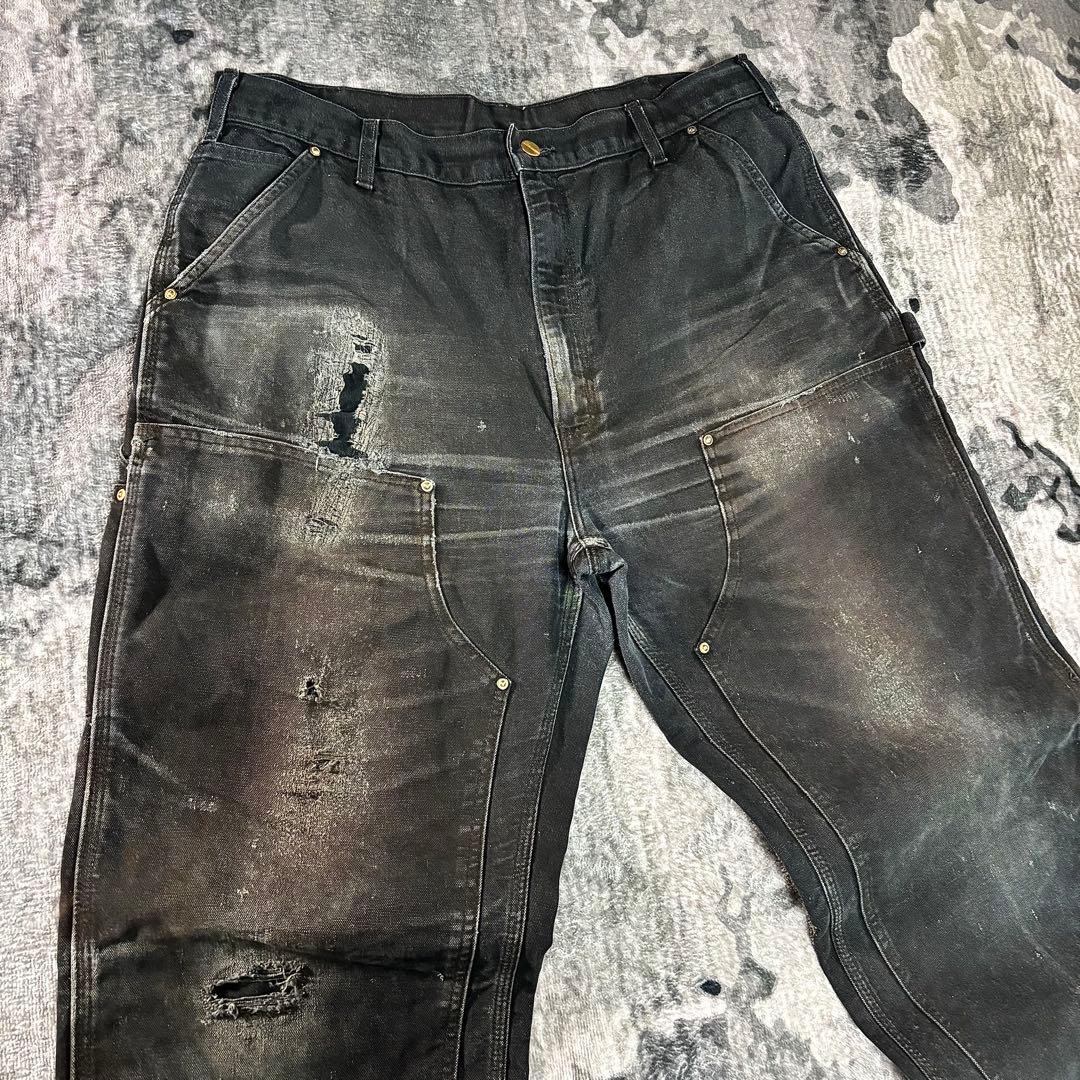 38×34 USA製 カーハート ダブルニー ボロ 墨黒 リペア 雰囲気