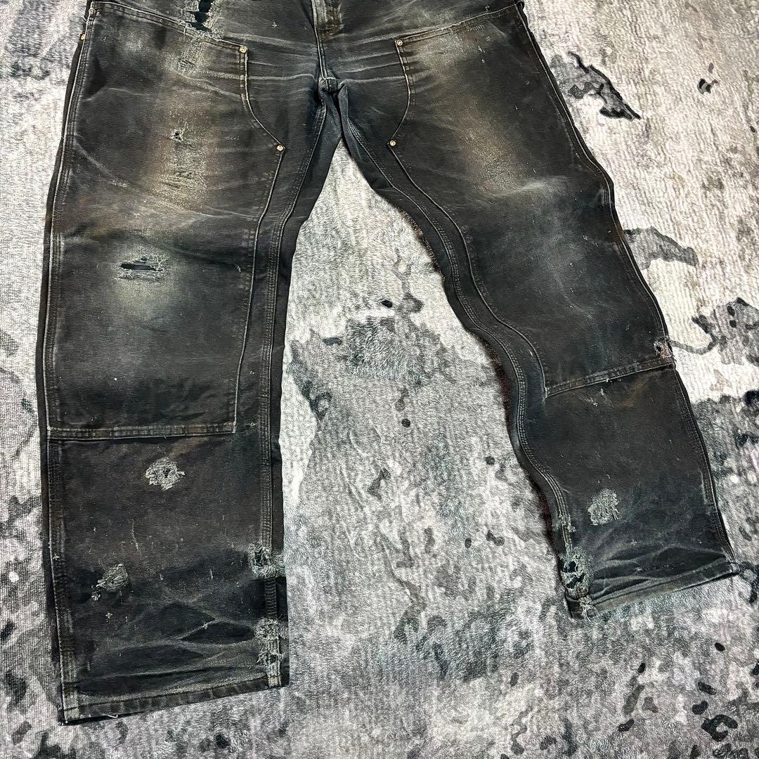 38×34 USA製 カーハート ダブルニー ボロ 墨黒 リペア 雰囲気