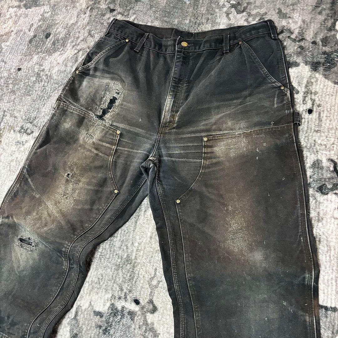 38×34 USA製 カーハート ダブルニー ボロ 墨黒 リペア 雰囲気