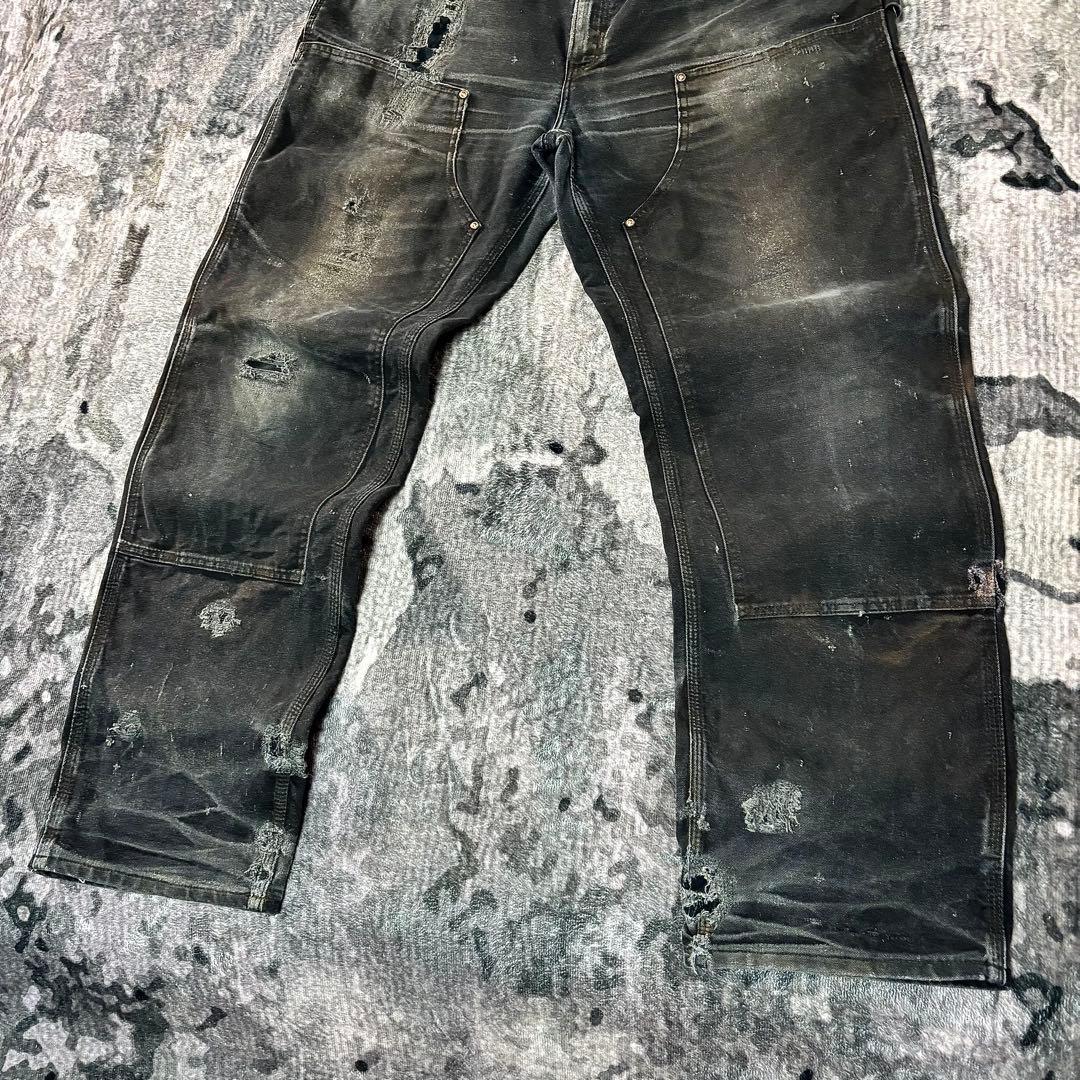 38×34 USA製 カーハート ダブルニー ボロ 墨黒 リペア 雰囲気