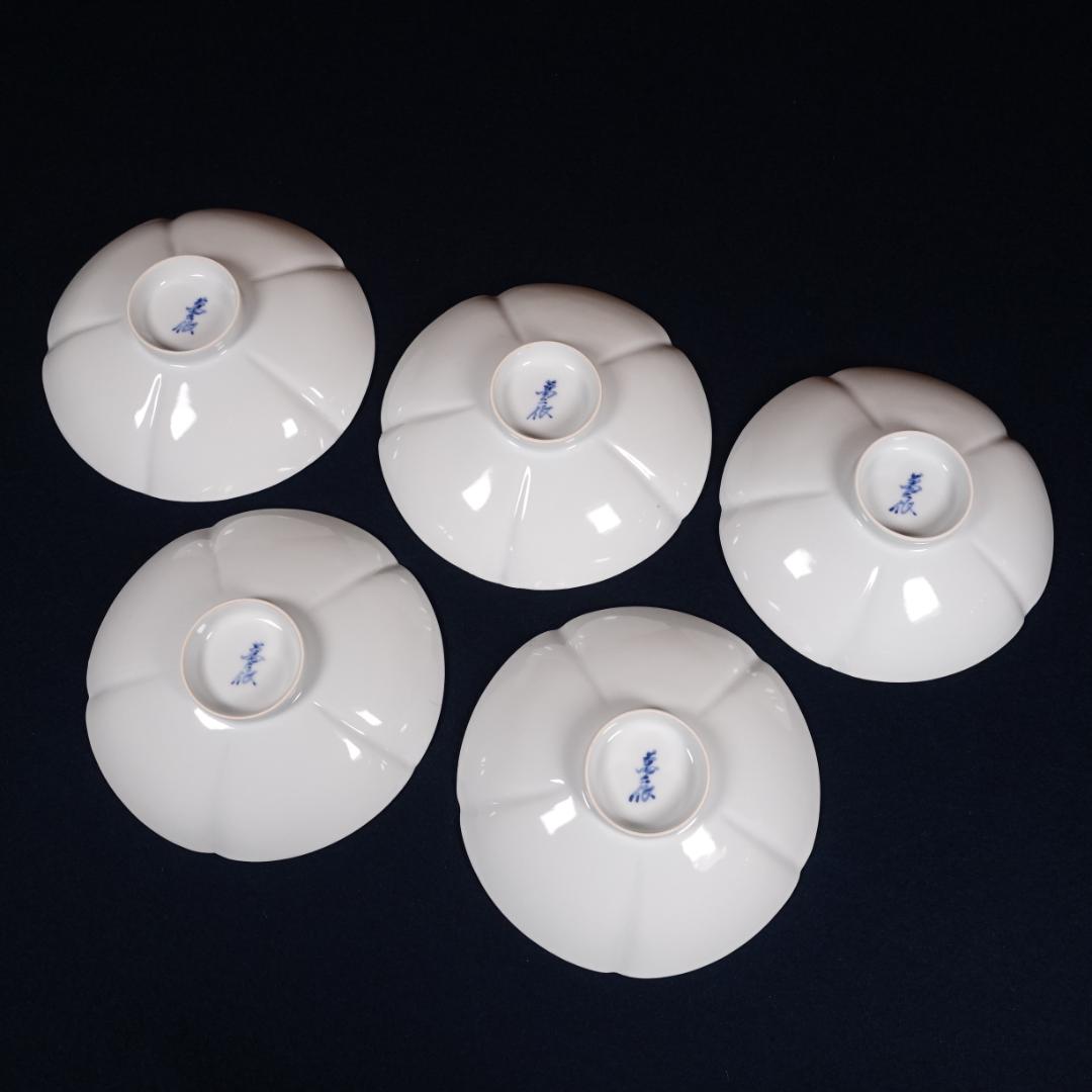 人間国宝 井上萬二 本人作 白磁花形銘々皿 5客 共箱