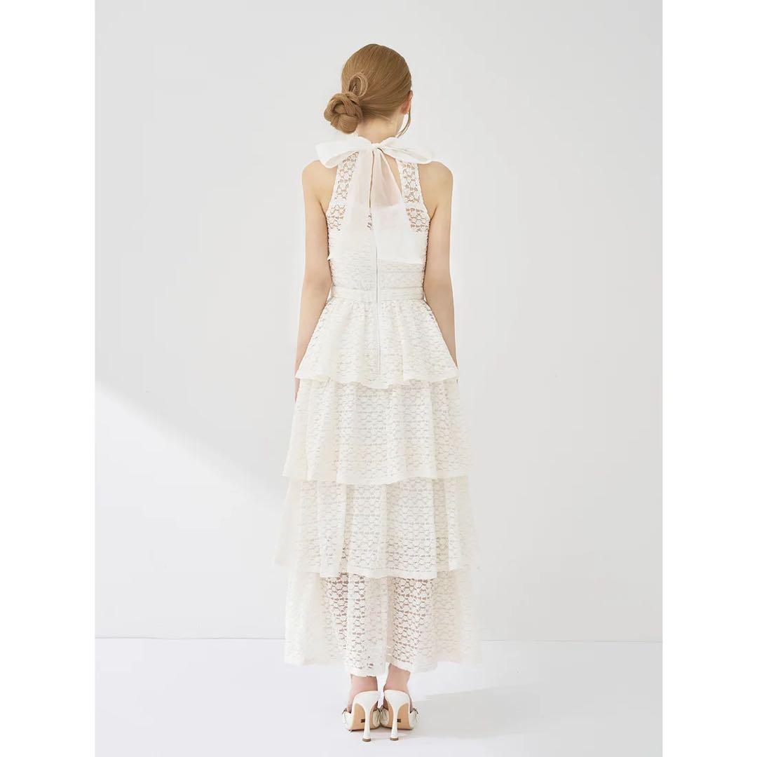 新品タグ付き ダーリッチ バックリボンフラワーレースティアードロングドレス 白