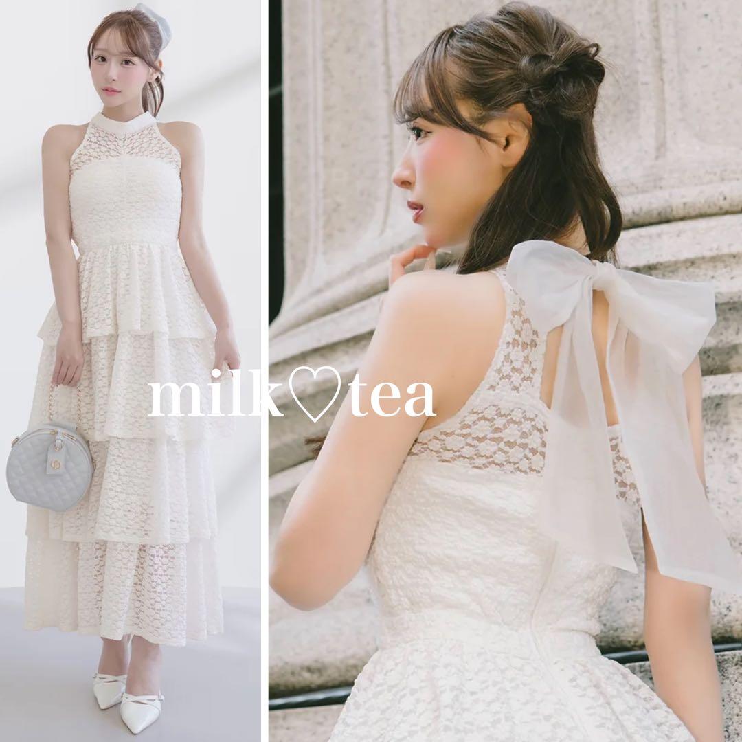 新品タグ付き ダーリッチ バックリボンフラワーレースティアードロングドレス 白