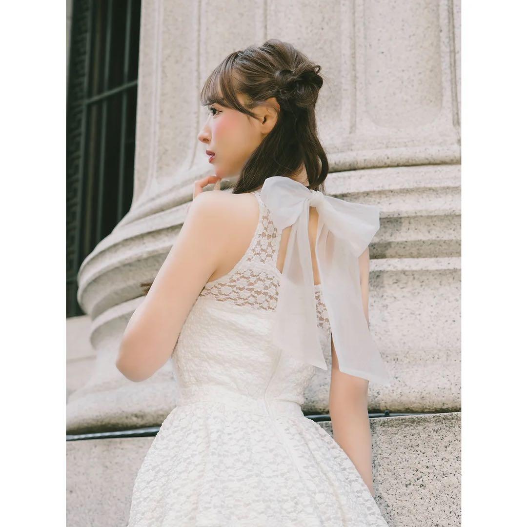 新品タグ付き ダーリッチ バックリボンフラワーレースティアードロングドレス 白